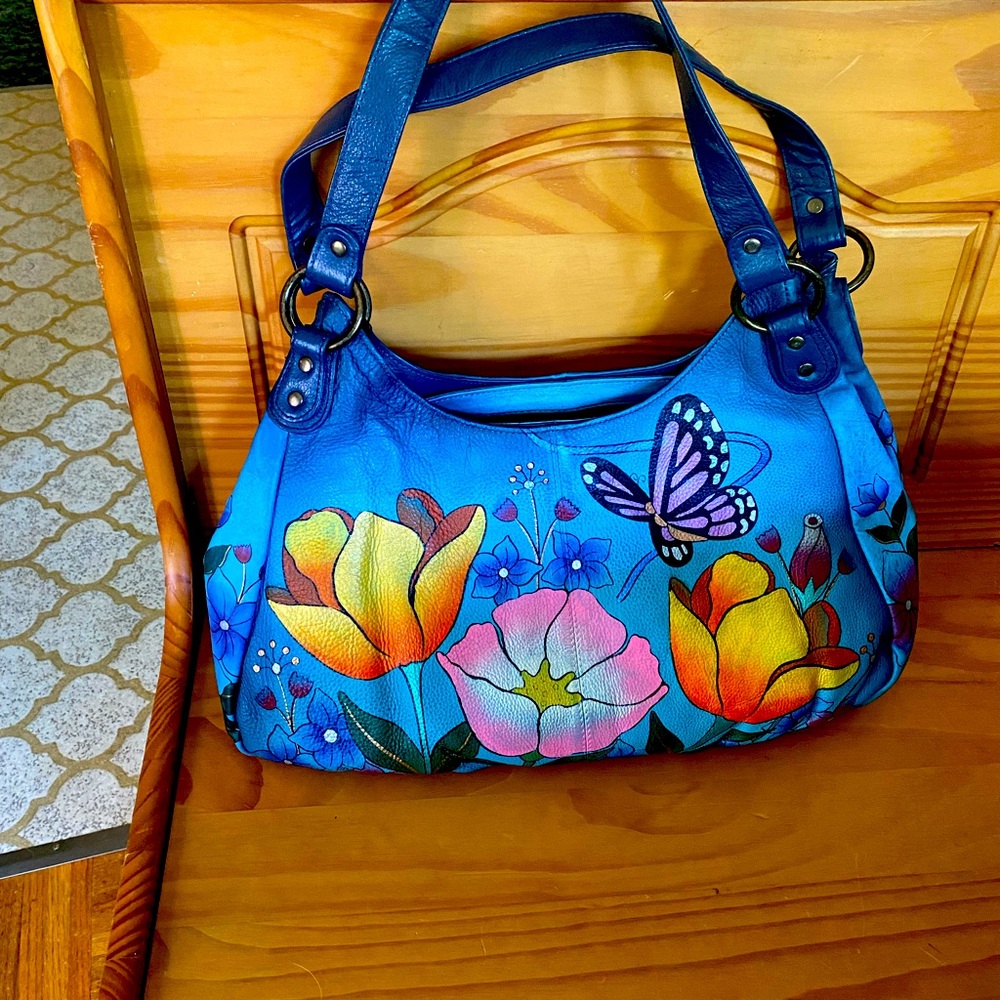 Anuschka Large leather handbag, tote. Hand painted flowers and butterfly.